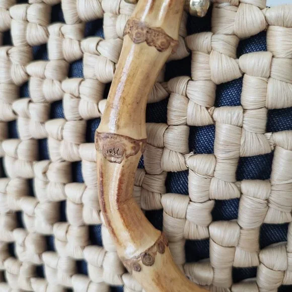 Vintage Raffia Woven Handbag Denim Lining Bamboo Handles - Picture 5 of 10